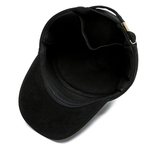 Black flat top warm winter hat for men with metal adjustable buckle and thick inner lining