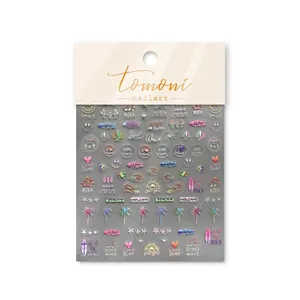 Summer beach nail art stickers with palm trees and sunset gradient on white background