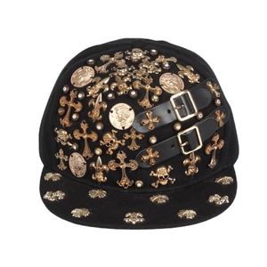Hip-hop snapback hat with gold skull cross rivets and faux leather belt buckle straps