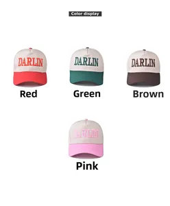Detailed color display of cotton baseball caps with large DARLIN embroidery in four colors