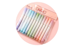 Macro shot of 12 colors highlighter set in clear packaging with smooth soft nib detail