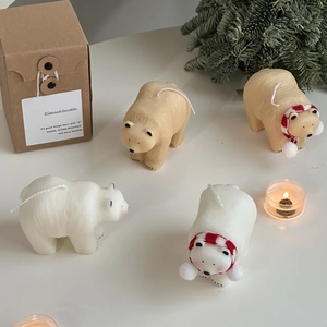 Polar bear candles in white and cream with scarves and gift packaging set