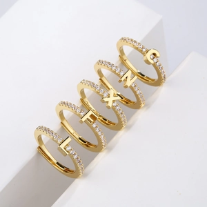 Initial Letter Ring Copper Micro Pave Cubic Zirconia Open Adjustable Fashion Jewelry For Women