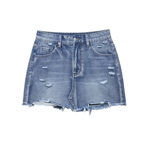 Distressed Ripped Denim Mini Skirt For Women High Waist Raw Hem Casual Woven Polyester Blue