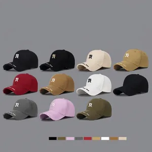 Distressed baseball caps with R embroidery in multiple trendy colors and cotton fabric