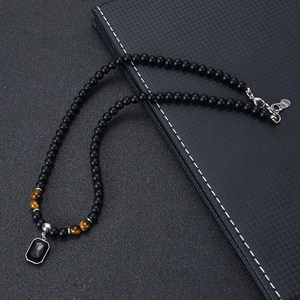Retro Beaded Necklace Natural Tiger Eye Matte Stone Stainless Steel Rectangle Pendant Hip Hop Jewelry Men Women