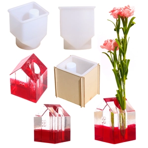 Stampo In Silicone A Forma Di Casa Con Telaio Di Supporto In Legno Per Vaso Di Fiori In Resina Epossidica DIY Decorazione