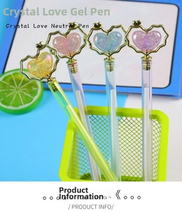 Detail of crystal heart neutral pens in yellow pink blue and purple colors