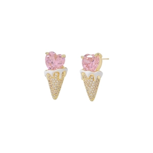 Cute ice cream cone stud earrings in gold with pink heart zircon and white enamel
