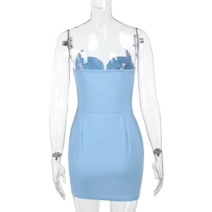 Rear view detail of light blue slim fit strapless dress with tailored back stitching