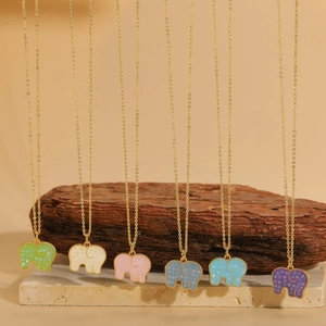 Elephant pendant necklace in 14K gold-plated copper with colorful shell mosaic designs