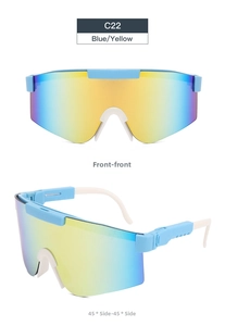Front and 45-degree side view of blue sports cycling sunglasses with gradient lenses