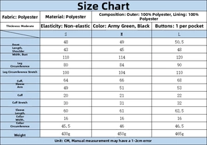 Size chart for quilted jacket listing measurements in centimeters for S, M, and L sizes