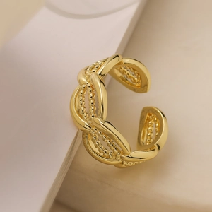 Minimalist gold-plated geometric open ring with layered hollow wave texture for women