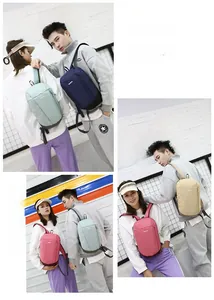 Collage of four lightweight mini sports backpacks in green, navy, pink, and sand colors