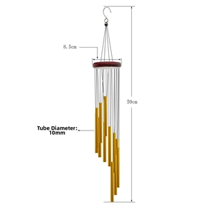 Detailed view of metal wind chime dimensions with 59cm height and 8.5cm wood plate