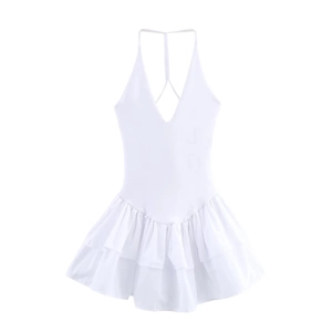 Elegant white V-neck halter dress with dual spaghetti straps and ruffled tiered hemline