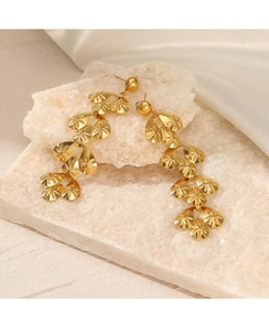 Detailed view of gold layered teardrop earrings with starburst texture on white stone