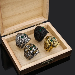 Vintage Viking Thor hammer skull rings for men with green eyes in four metallic finishes