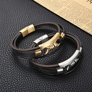 Mens punk woven leather bracelet with polished stainless steel magnetic clasps