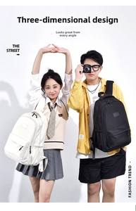 Minimalist large capacity school backpacks in black and white styles worn by students