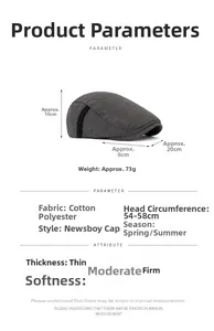 Grey flat cap size guide showing 54-58cm circumference and cotton blend material