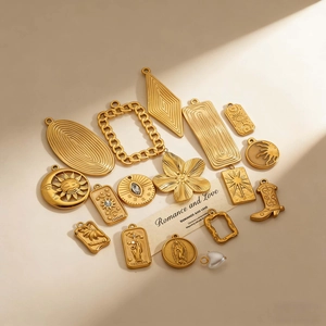 Golden stainless steel geometric pendants including sun moon and floral shapes for DIY jewelry