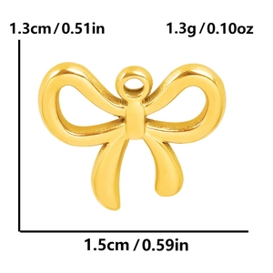 Detailed view of a gold bow pendant with exact dimensions 1.5cm by 1.3cm on white backdrop