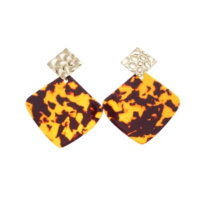 Elegant geometric acrylic drop earrings with tortoiseshell pattern and gold-tone metal square studs