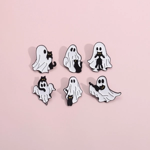 Set of six Halloween enamel pins featuring cute white ghosts and black cats in 2x3 grid layout