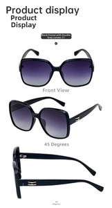 Three angles of square black sunglasses with gradient grey lenses and gold accents