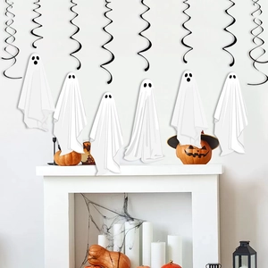 Spook hangende decoraties met zwarte spiraallinten voor Halloweenfeest achtergrond
