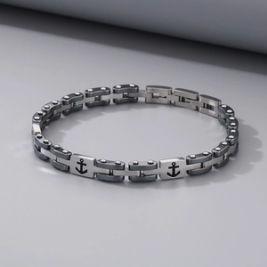 Men's stainless steel anchor link bracelet in silver and gunmetal finish