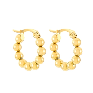 Elegant gold stainless steel beaded C-shaped hoop earrings for women on a white background