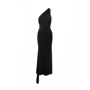 Detail of the elegant black one-shoulder maxi dress with a slim-fit ruched silhouette