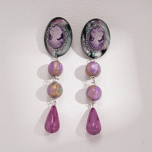 Vintage oval resin cameo drop earrings in purple with ornate silver-tone metal details