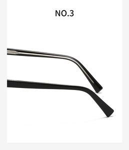 Detail of black acetate glasses temples with reinforced silver metal core design