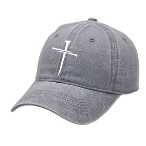 Washed grey cotton baseball cap with white nail cross embroidery and vintage dad hat style
