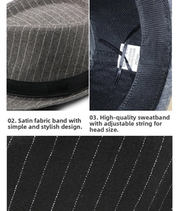 Detail view of striped fedora featuring internal adjustable drawstring and a quality sweatband