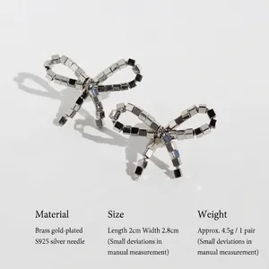 Handcrafted silver square block bow knot earrings in 925 silver and brass