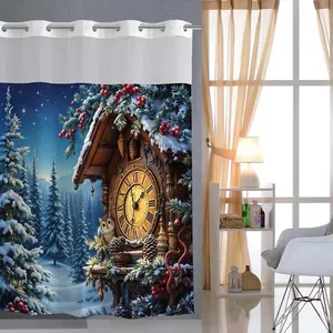 Weihnachts Duschvorhang Zweilagig Waffelgewebe Polyester Abnehmbares Futter Hakenfrei Netzoberteil Winter Schneeszene