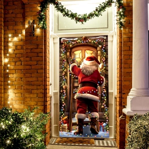 Christmas Santa Claus door banner decoration with warm lights for festive party atmosphere