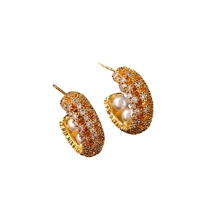 French vintage gold C-shape hoop earrings with sparkling cubic zirconia and pearls