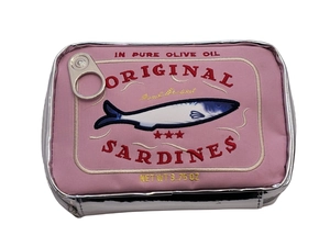 Detailed embroidery on pink sardine tin makeup bag with metallic silver accents
