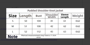 Détail du tableau des tailles pour veste à épaulettes incluant longueur et buste
