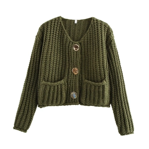 Macro detail of olive green knit cardigan featuring large buttons and square pockets