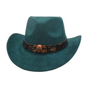Western cowboy jazz hat in dark green felt with bronze skull and leather band detail