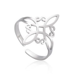 Silver stainless steel Celtic knot open ring with intricate cutout patterns for women