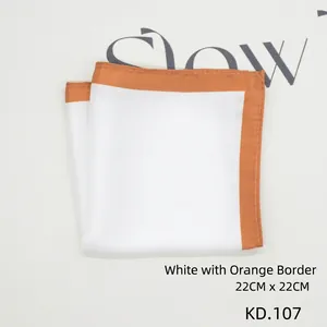 White silk pocket square with orange trim and 22cm x 22cm dimensions for formal suits