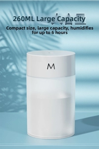 Minimalist white USB humidifier with 260ml capacity and 6-hour continuous mist